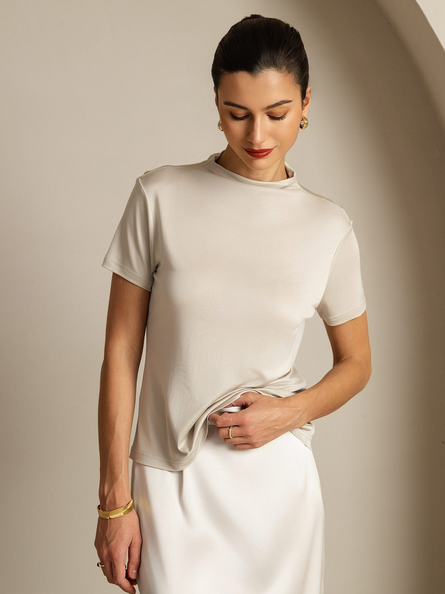 [Grijs] SilkSilky-NL Zijde Kraag Dames T-Shirt 005