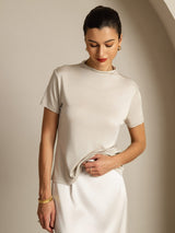 [Grijs] SilkSilky-NL 100% Silk Jersey Short Sleeve Mock Neck Dames T-Shirt 005