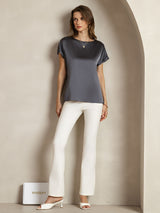[Donkergrijs] SilkSilky-NL 19Momme Korte Mouw Boat Hals Dames T-Shirt 003