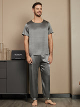 [Donkergrijs] SilkSilky-NL Pure Silk Korte Mouw Ronde Hals Heren Pyjama Set 001