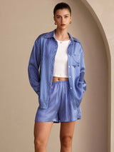 [Blauwe Krijtstreep] SilkSilky-NL Long Sleeve Lapel Collar Women's Outfit Sets 001