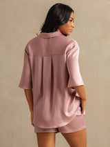 [Perzikhuid] SilkSilky-NL 19Momme Halve Mouw Notchkraag Dames Pyjama Set 006