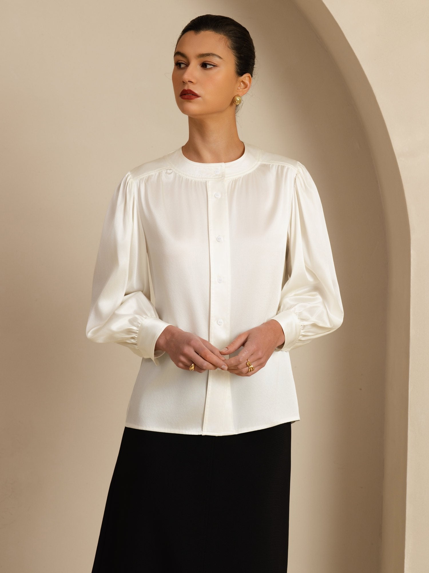 [Wit] SilkSilky-NL 19Momme Long Sleeve Round Neck Blouse 001