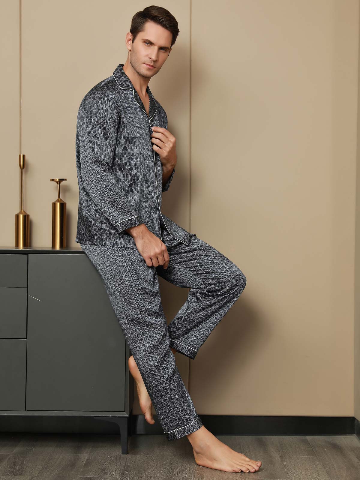 [Marine Ginkgo] SilkSilky-NL 19Momme Mens Pajamas 005