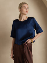 [Donkerblauw] SilkSilky-NL Halve Mouw Diepe Ronde Hals Dames T-Shirt 004