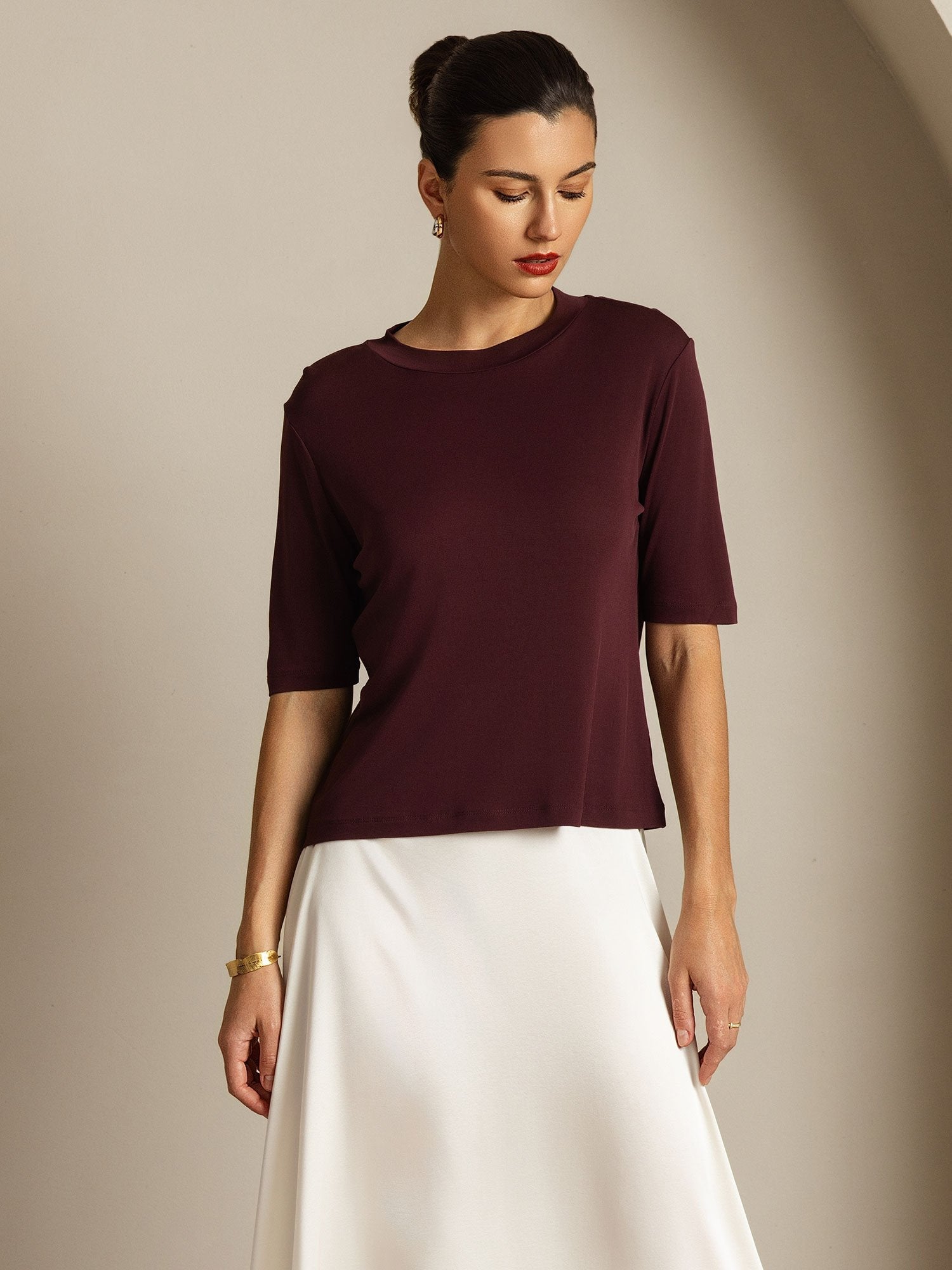 [Windsorwijn] SilkSilky-NL Zijde Ronde Hals Dames T-Shirt 009