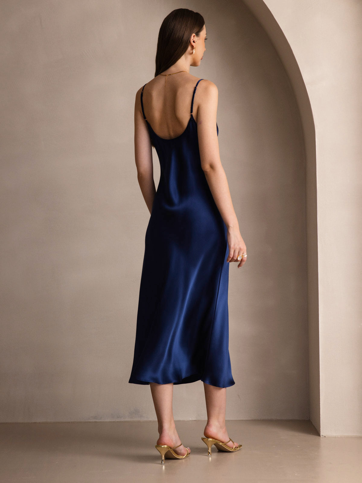 [Donkerblauw] SilkSilky-NL Ronde Hals Jurk 002