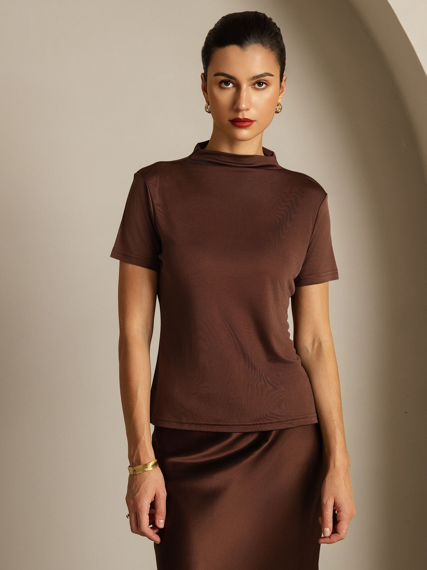 [Koffie] SilkSilky-NL Zijde Kraag Dames T-Shirt 003