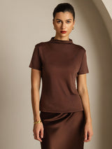 [Koffie] SilkSilky-NL 100% Silk Jersey Short Sleeve Mock Neck Dames T-Shirt 003