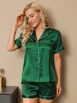 [Groen] SilkSilky-NL Korte Mouw Notchkraag Dames Pyjama Set 004