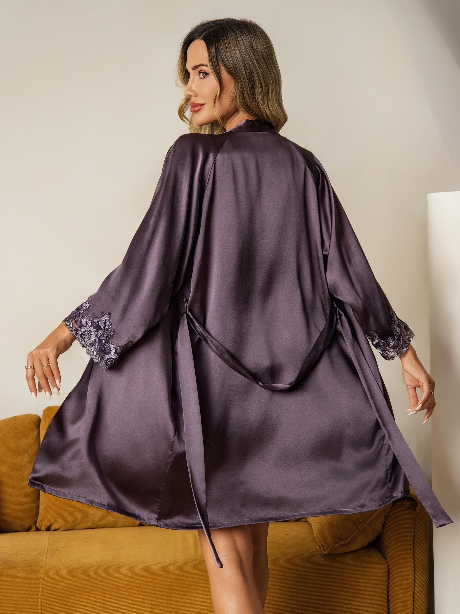 [Paars Grijs] SilkSilky-NL Zijde Nightgown&Robe Set 003
