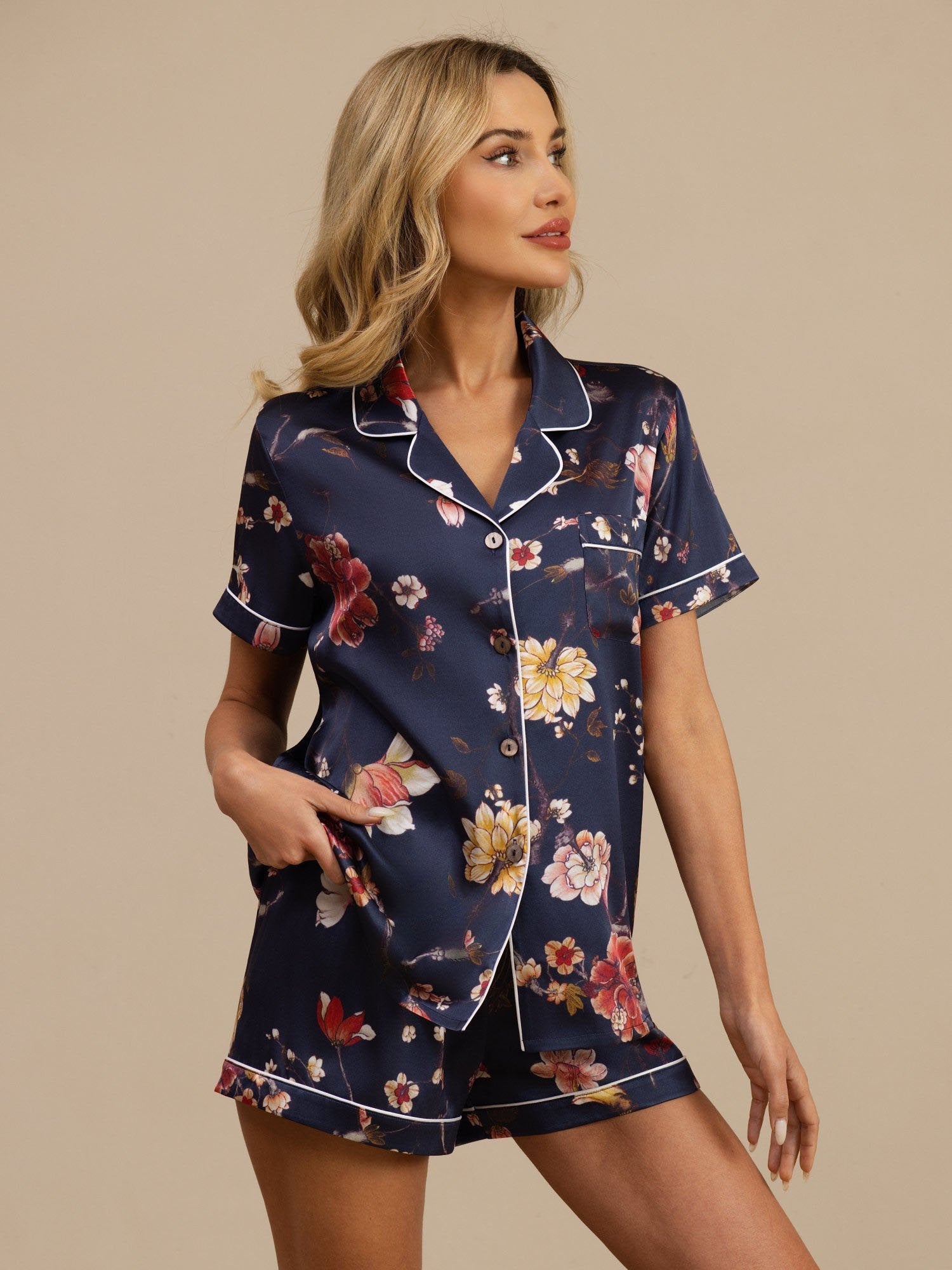 [Marine Bloemen] SilkSilky-NL Korte Mouw Notchkraag Dames Pyjama Set 001