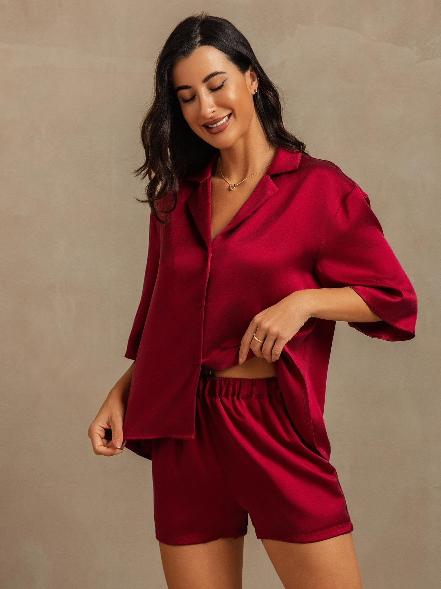 [Wijn] SilkSilky-NL 19Momme Zijde Kraag Dames Pyjama Set 007,