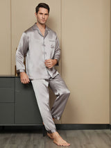 [Grijs] SilkSilky-NL Pure Silk Lange Mouw Revers Heren Pyjama Set 006