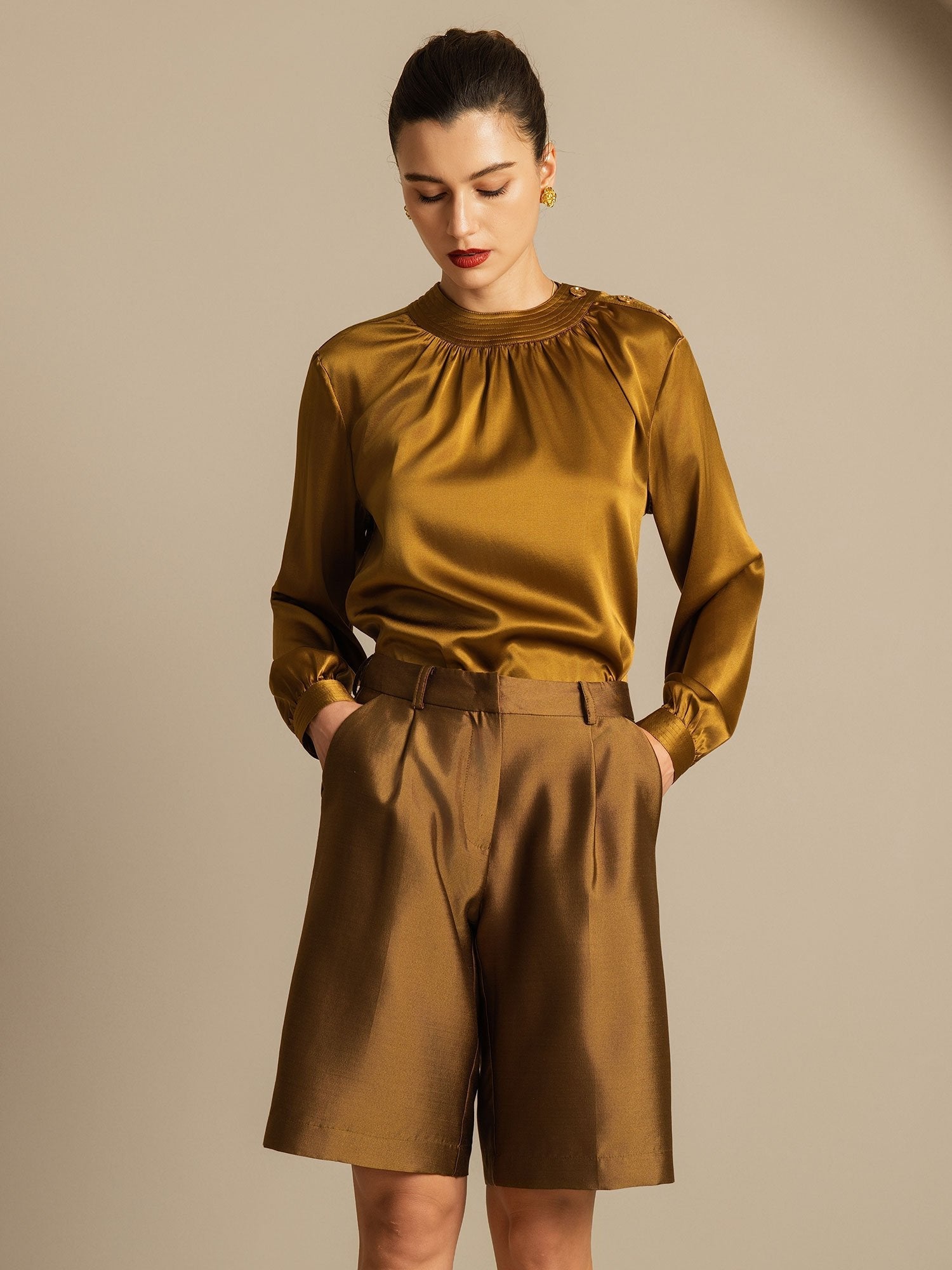 [Brons] SilkSilky-NL 32Momme Silk-Wool Blend Womens Shorts 005,