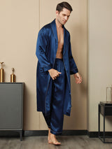 [Donkerblauw] SilkSilky-NL Pure Silk Lange Mouw Revers Heren Kamerjas 009