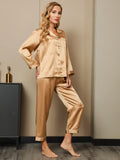 SilkSilky-NL Lange Mouw Revers Dames Pyjama Set Bruin 005