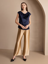 [Donkerblauw] SilkSilky-NL Cap Sleeve Cowl Neck Dames T-Shirt 005