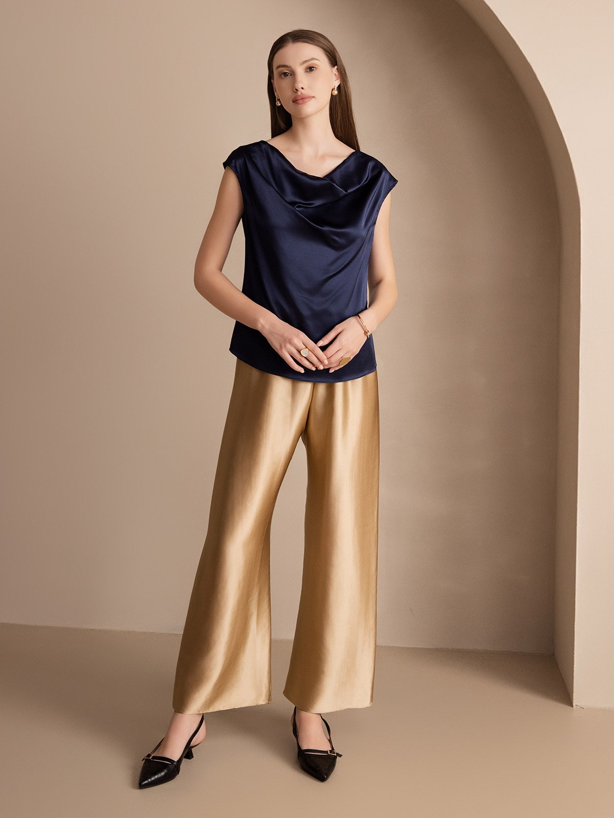 [Donkerblauw] SilkSilky-NL 19Momme Zijde Mouwloos Womens T-Shirt 005