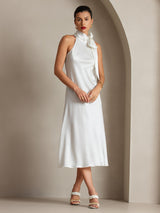 [Wit] SilkSilky-NL 19Momme Stretch Silk Charmeuse Sleeveless Tie Neck Jurk 005