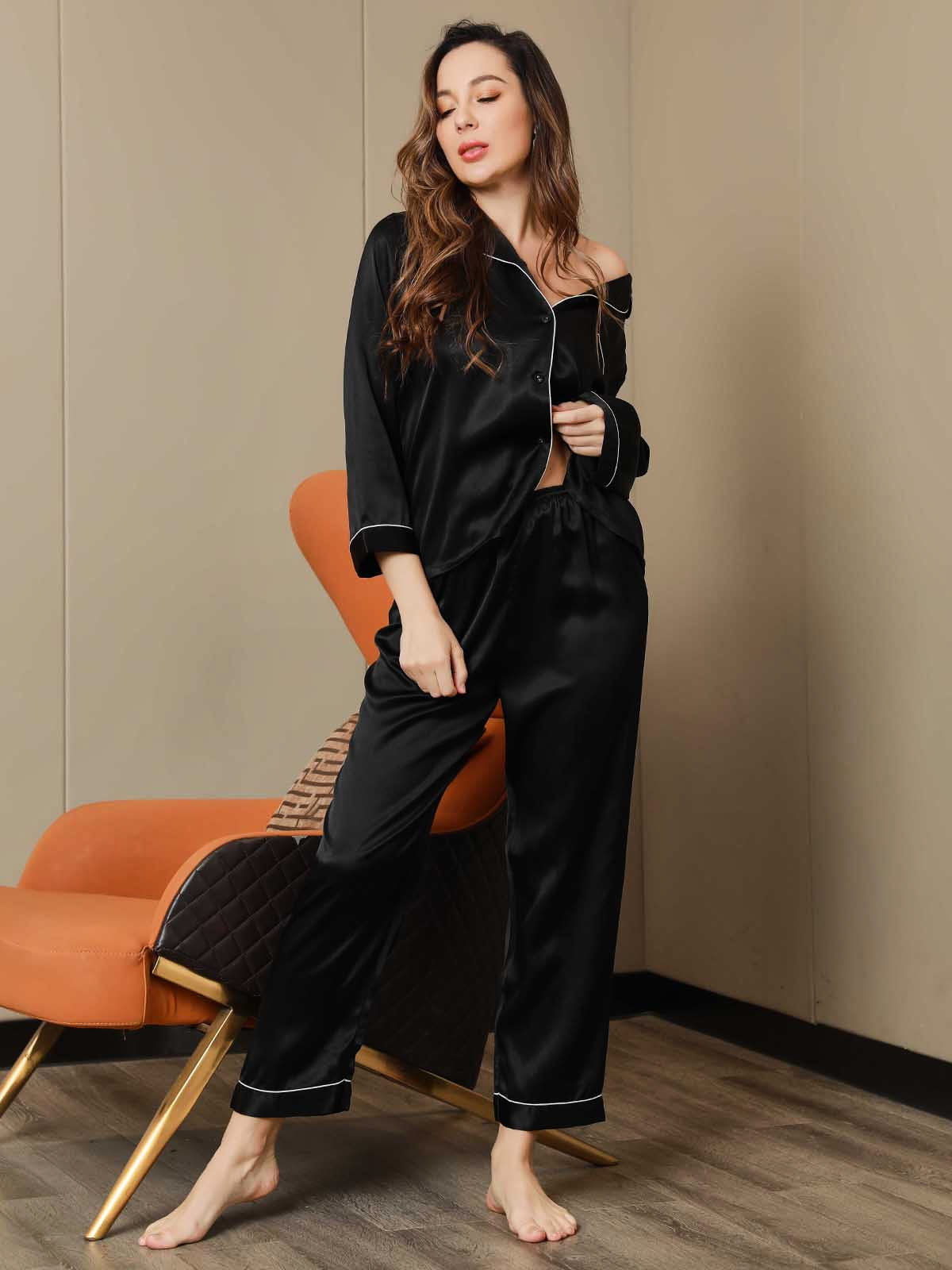 [Zwart] SilkSilky-NL Pure Silk Lange Mouw Revers Dames Pyjama Set 006