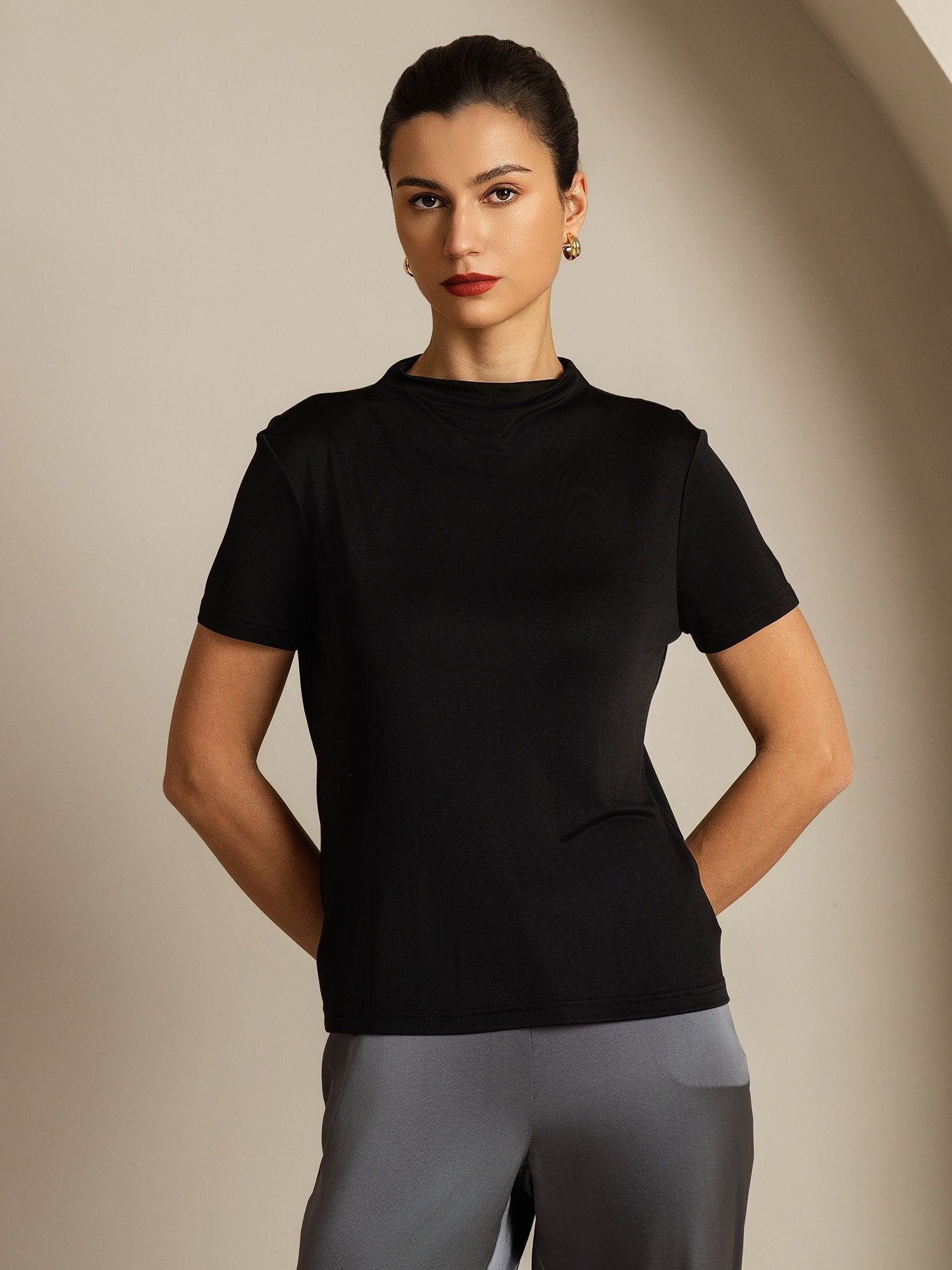 [Zwart] SilkSilky-NL Zijde Kraag Dames T-Shirt 005