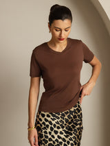 [Koffie] SilkSilky-NL Short Sleeve V Neck Dames T-Shirt 003