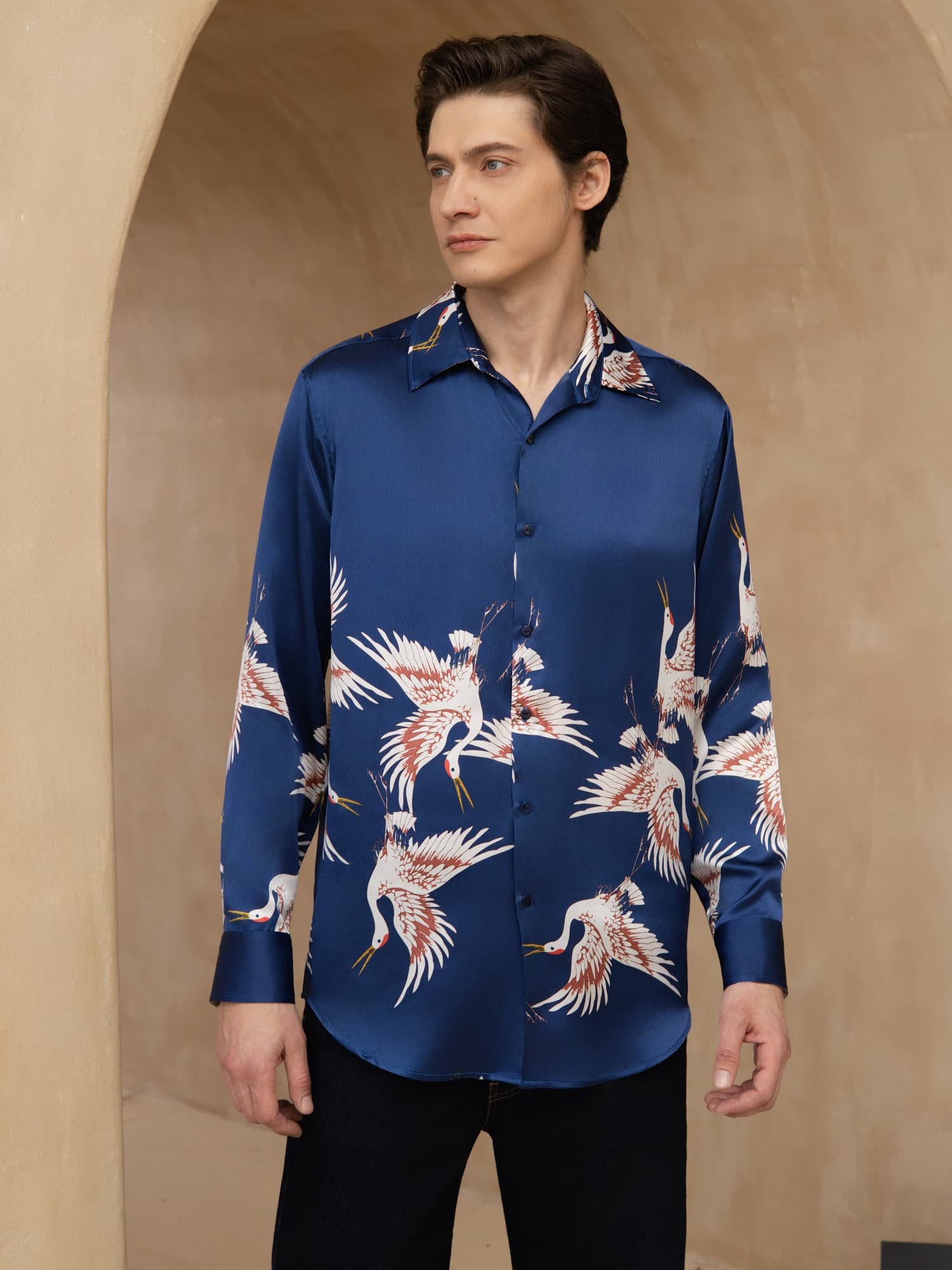 [Donkerblauw] SilkSilky-NL 19Momme Lange Mouw Reverskraag Heren Shirt 003