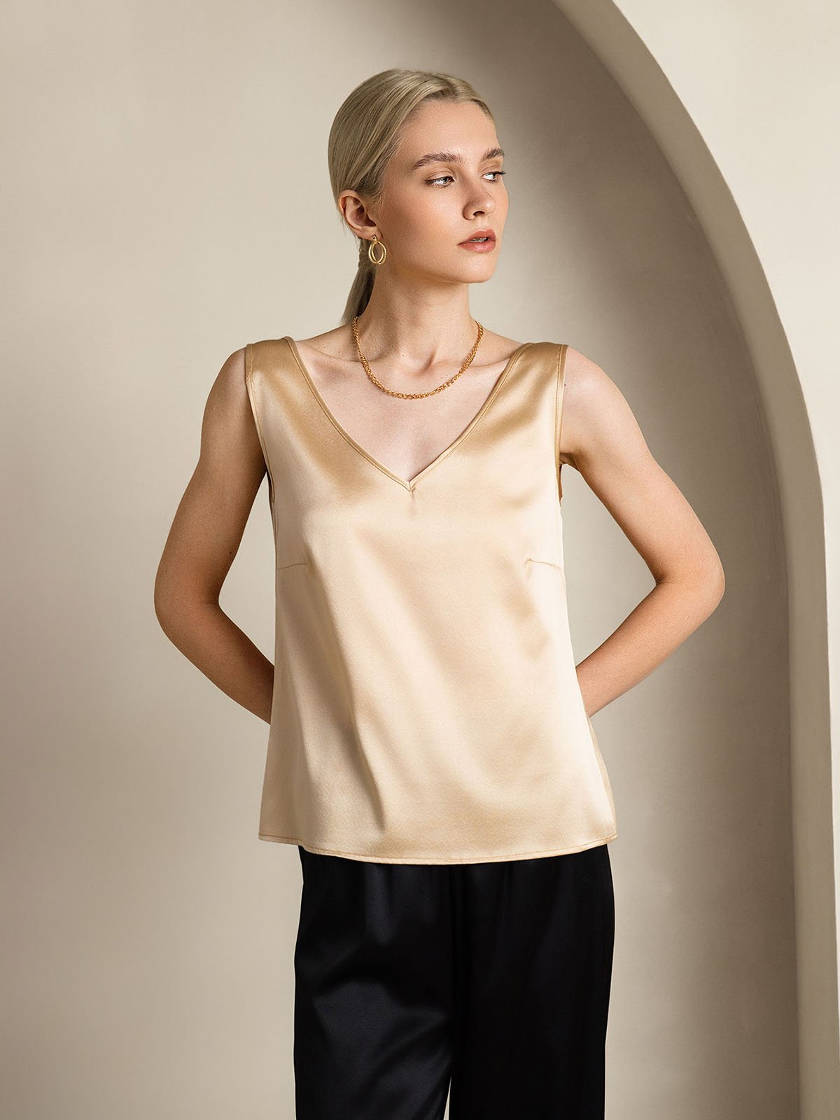 SilkSilky-NL 19Momme Zijde V-Hals Cami-Top Champagne 003