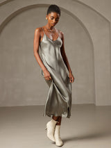 [Grijsachtig Groen] SilkSilky-NL Spaghetti Strap V Neck Nachthemd 005
