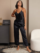 [Zwart] SilkSilky-NL Spaghetti Bandjes V Hals Cami-Set 005