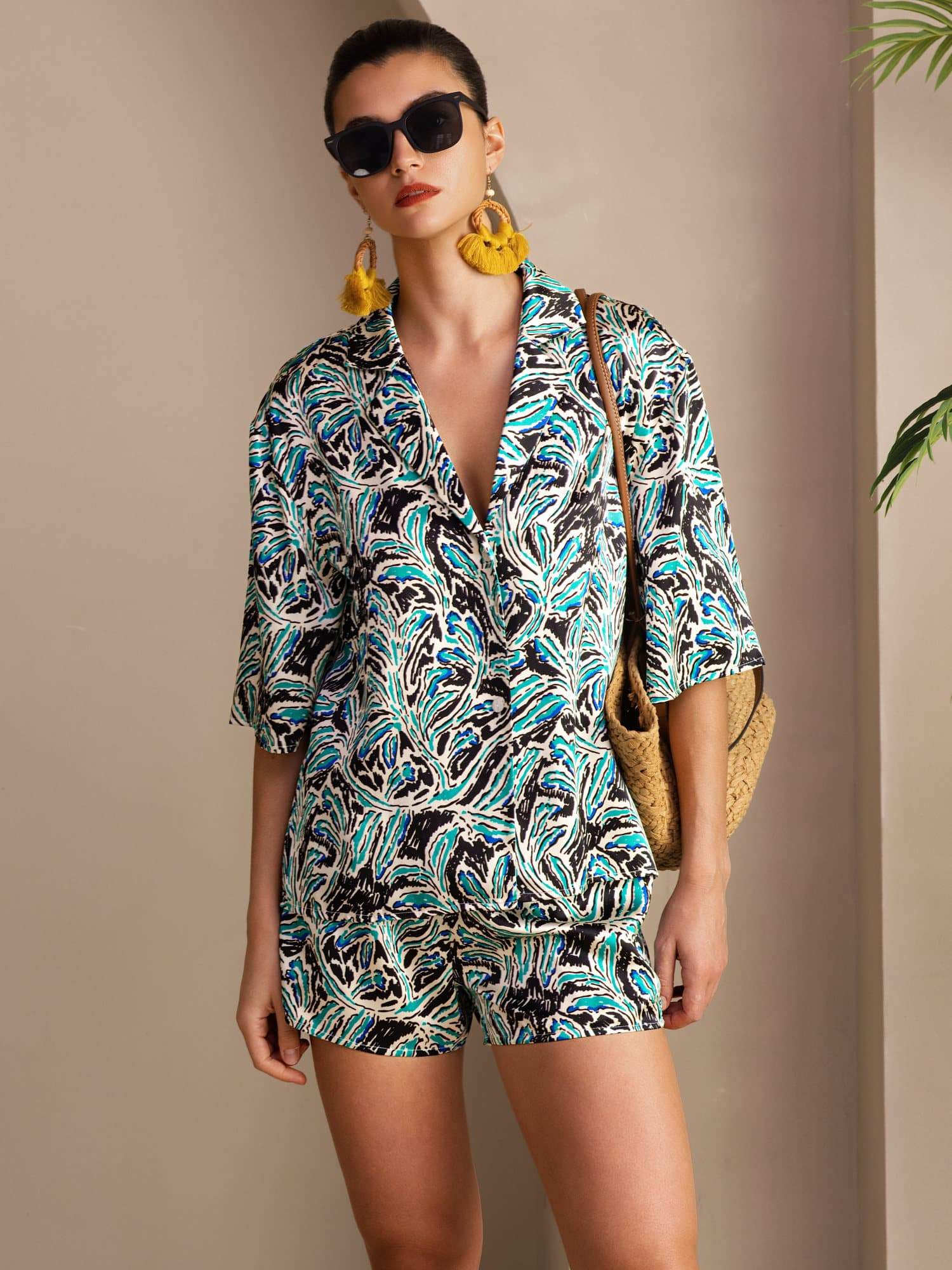 [Teal Botanisch] SilkSilky-NL Short Sleeve Notch Collar Dames Pyjama Set 001