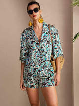 [Teal Botanisch] SilkSilky-NL Half Sleeve Lapel Collar Dames Pyjama Set 001