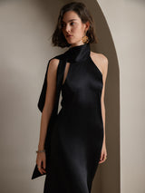 [Zwart] SilkSilky-NL 19Momme Stretch Silk Charmeuse Sleeveless Tie Neck Jurk 003