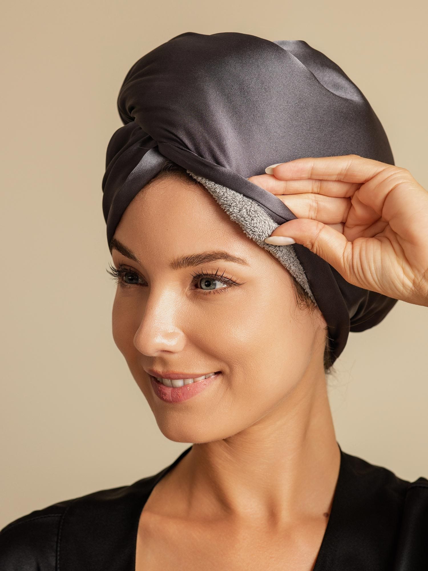 [Donkergrijs] SilkSilky-NL Zijde Hair Towel Wrap 001,