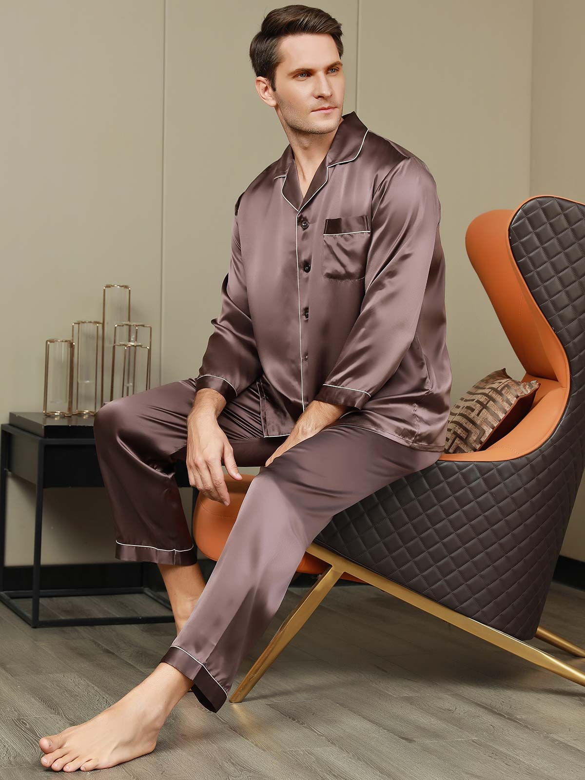 SilkSilky-NL Lange Mouw Revers Heren Pyjama Set Koffie 006