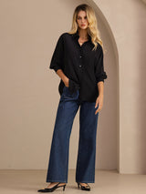 [Zwart] SilkSilky-NL Long Sleeve Lapel Collar Dames Blouse 007