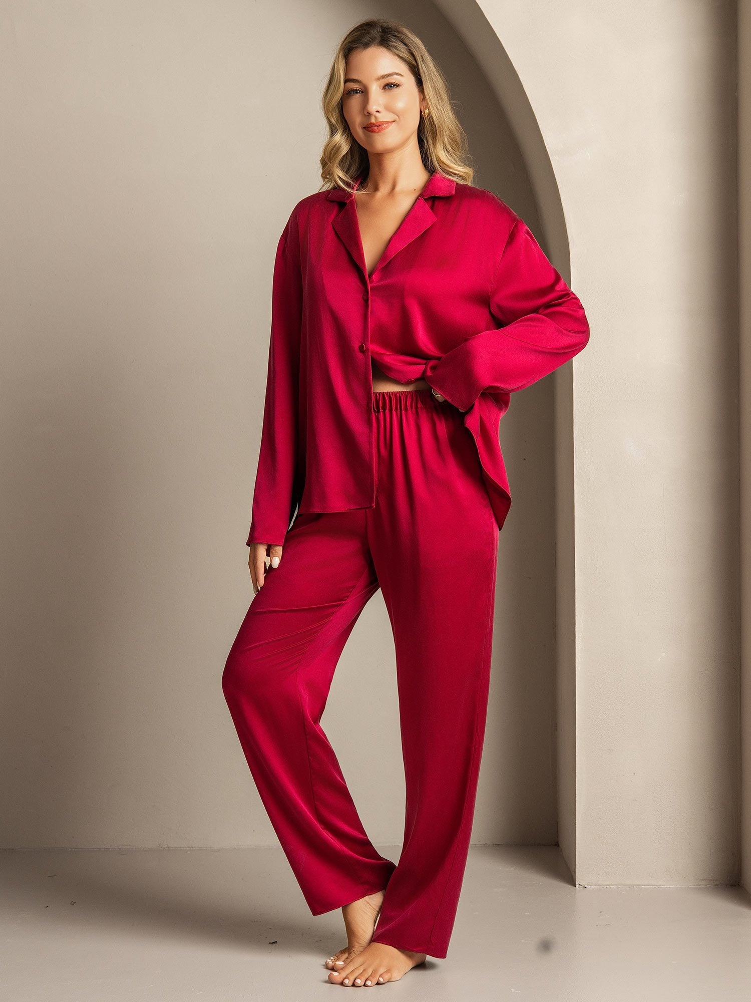 [Wijn] SilkSilky-NL 19Momme Zijde Inkeping Dames Pyjama Set 004