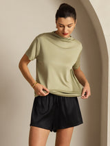 [Gedroogd Kruiden] SilkSilky-NL 100% Silk Jersey Short Sleeve Mock Neck Dames T-Shirt 007
