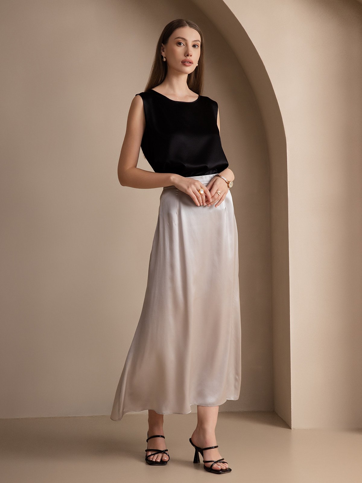 [Zwart] SilkSilky-NL 19Momme Zijde Ronde Hals Cami-Top 007