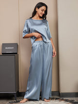 [Grijsachtig Blauw] SilkSilky-NL Half Sleeve Round Neck Dames Pyjama Set 004