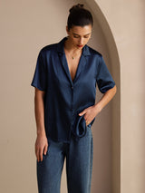 [Donkerblauw] SilkSilky-NL Short Sleeve Lapel Collar Dames Blouse 005