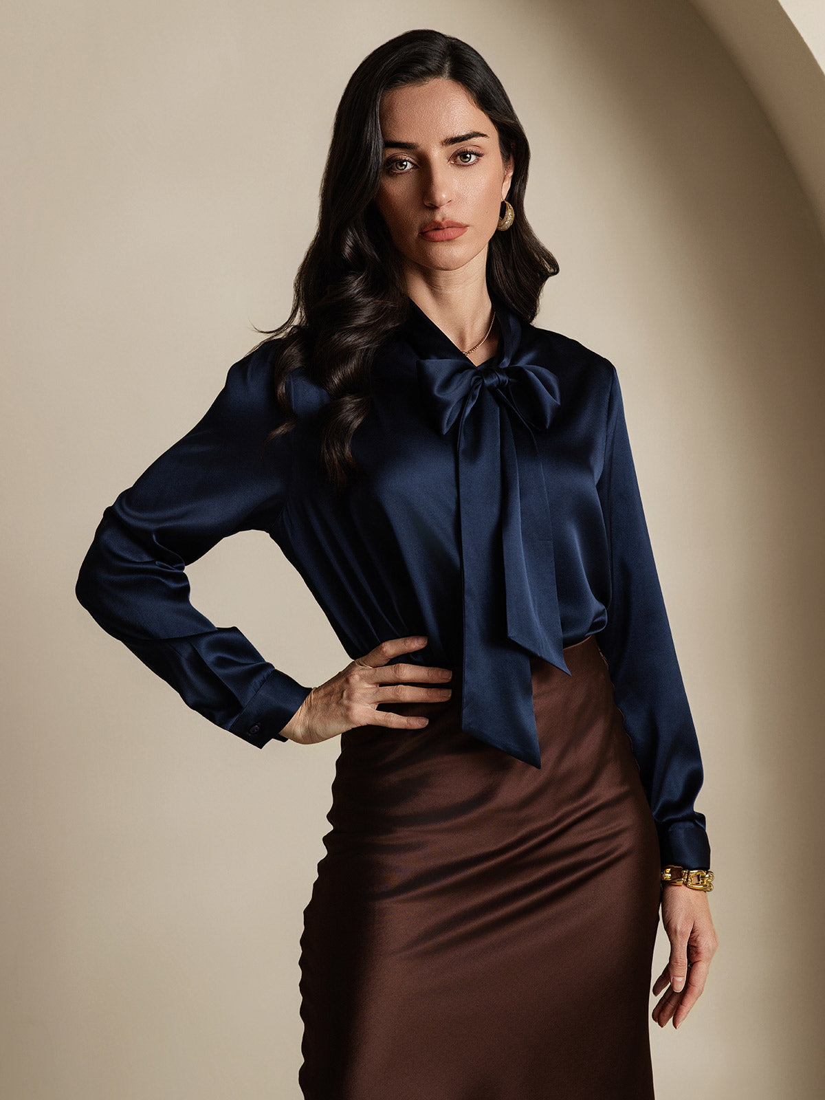 [Donkerblauw] SilkSilky-NL 19Momme Zijde Lange Mouw Binda Hals Dames Blouse 004