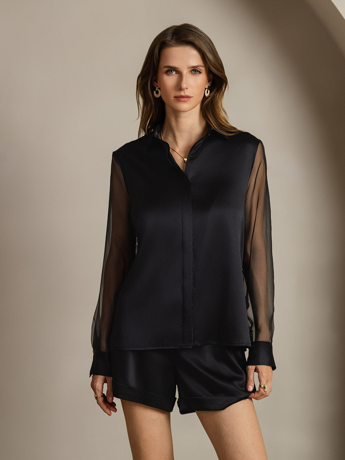 [Zwart] SilkSilky-NL 19Momme Zijde Kraag Dames Blouse 001