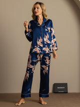[Donkerblauw] SilkSilky-NL Long Sleeve Lapel Collar Dames Pyjama Set 003