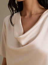 [Beige] SilkSilky-NL Short Sleeve Cowl Neck Blouse 004