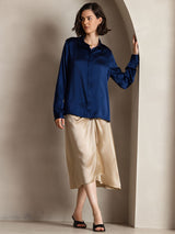 [Donkerblauw] SilkSilky-NL Long Sleeve Lapel Collar Dames Blouse 005