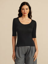 [Zwart] SilkSilky-NL Half Sleeve Diepe Ronde Hals Dames T-Shirt 003