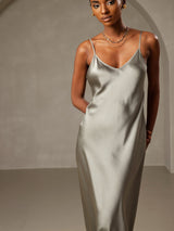 [Grijsachtig Groen] SilkSilky-NL Spaghetti Strap V Neck Jurk 003