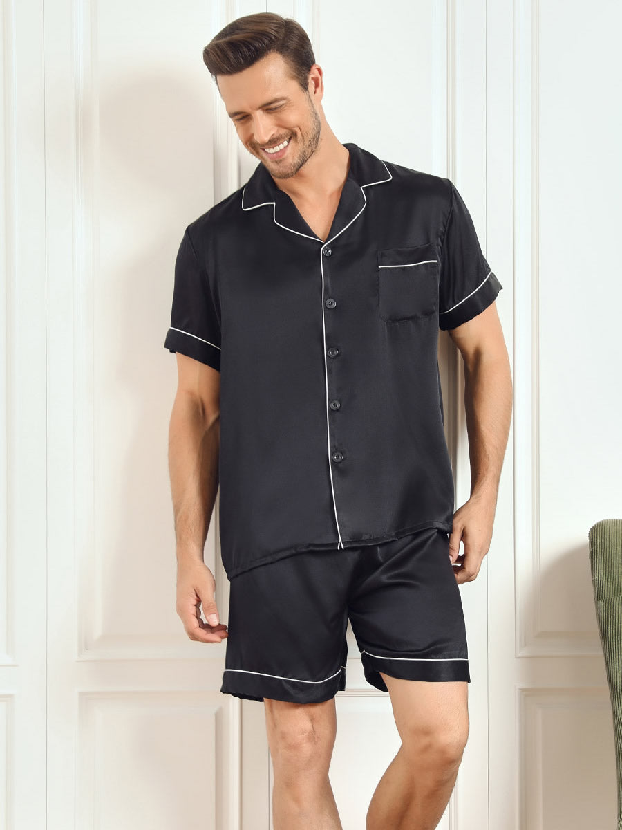 SilkSilky NL Pure Silk Short Sleeve Mens Pajamas Zwart 001